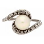 Sortija de perla orlada de diamantes Oro blanco, diamantes talla 8/8, 0,13 cts y perla cultivada de