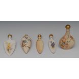 A Royal Worcester spade shaped flattened scent bottle, printed and painted with wild flowers,