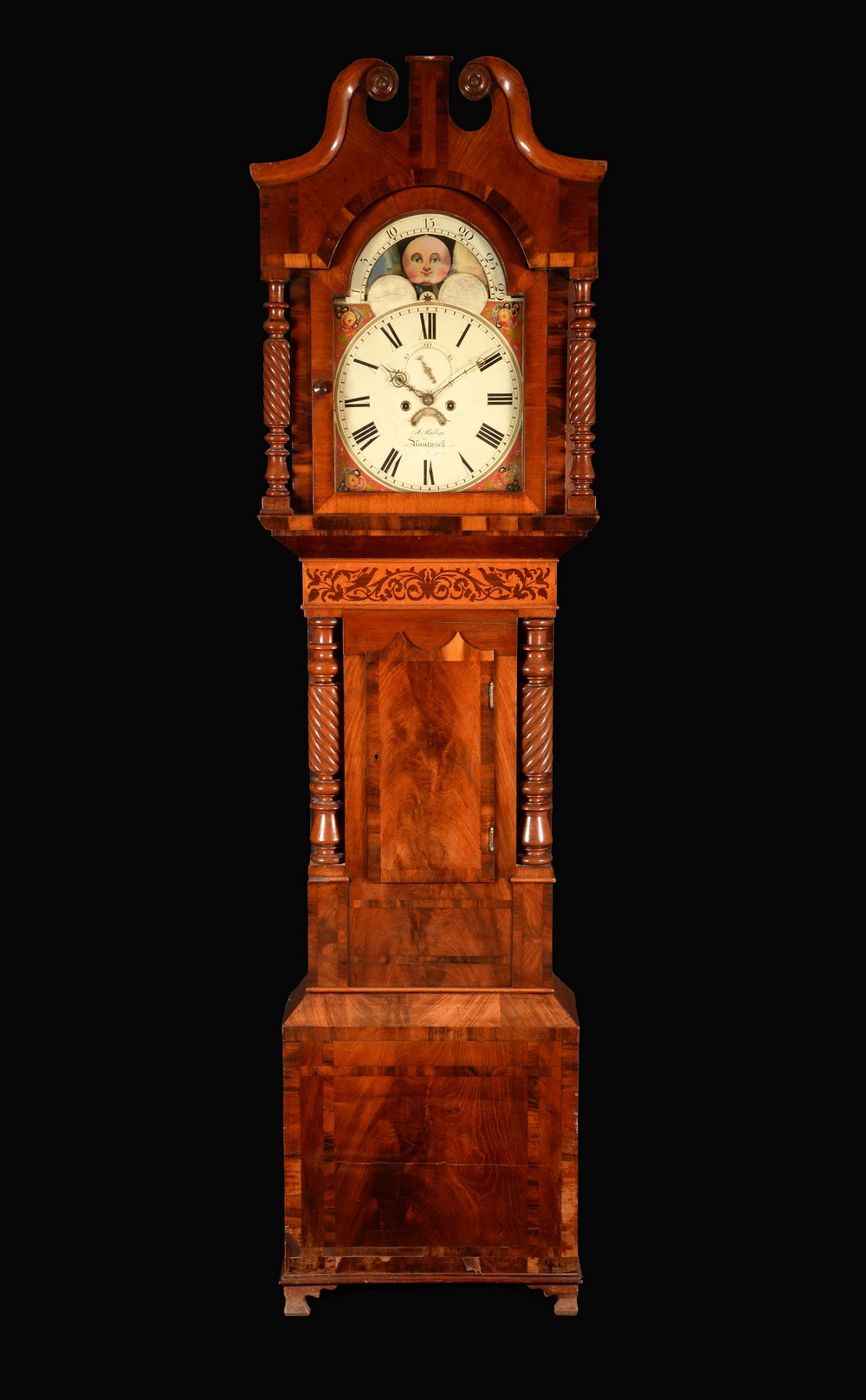 A Victorian mahogany, rosewood and marquetry longcase clock, 35cm arched painted dial, inscribed J.