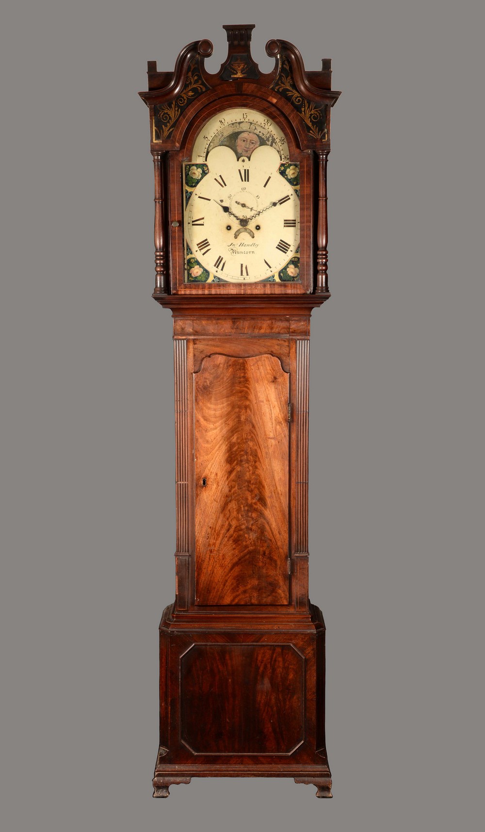 A William IV mahogany longcase clock, 35cm arched painted dial inscribed John Handley, Runcorn,