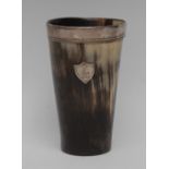 A Victorian silver mounted tapered cylindrical horn beaker, crested shield shaped cartouche, 14.