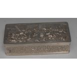 A Dutch silver rectangular box, hinged cover embossed with a rowdy tavern interior,