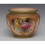 A Hadley Royal Worcester ovoid jardiniere, painted with red and yellow roses,