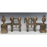 A pair of 19th brass andirons, urn and flame finials,