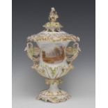 A Graingers Worcester two-handled campana shaped vase and cover, decorated with a stately home,
