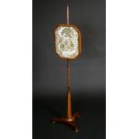 A George IV rosewood pole screen, turned finial, canted rectangular banner, panelled column,