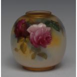 A Royal Worcester ovoid vase, painted with red and pink cabbage roses, burnished gilt borders, 7.