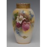 A Royal Worcester slender ovoid vase, painted with red and pink cabbage roses,