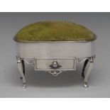 An Edwardian silver rounded rectangular novelty dressing table box, hinged pin cushion cover,