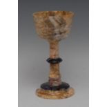 A Derbyshire Tigerstone fluorite goblet, rounded bowl, cylindrical stem, Blue John knop,