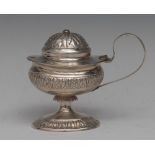 A 19th century Danish silver oval pedestal mustard pot, hinged domed cover, scroll handle,