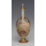 A Royal Worcester two-handled bottle vase and cover, painted by Jas Stinton, signed,