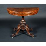 A Victorian demi-lune mahogany card table, hinged cover enclosing a playing surface,