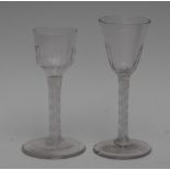 A George III opaque twist stem cordial glass, ogee bowl with wrythen moulding, domed circular foot,