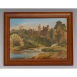 A Coalport rectangular plaque, painted with Haddon Hall, from the river, 20cm x 28.