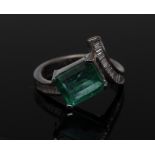 An emerald and diamond ring, rectangular emerald cut principal stone, approx 2.