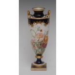 A Minton slender pedestal vase, painted by Leopold Rivers, signed, with yellow and pink flowers,