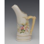 A Royal Worcester tusk jug, printed and painted with floral spray, on ivory ground, horn handle,