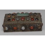 An Indian silver-coloured metal and hardstone rectangular box,