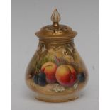 A Royal Worcester lobed ovoid pot pourri and cover, painted by Ricketts, signed, with peaches,