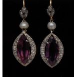 A pair of amethyst and diamond drop earrings,