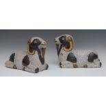 A pair of large Chinese cloisonne enamel models of rams, in the Ming taste,