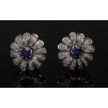 A pair of sapphire triple and diamond clip on floral cluster earrings,
