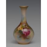 A Royal Worcester bottle vase, painted with red and yellow cabbage roses, gilt line rims, 10.