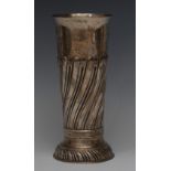 An Edwardian silver spirally fluted slightly tapered cylindrical mantel vase, flared rim,