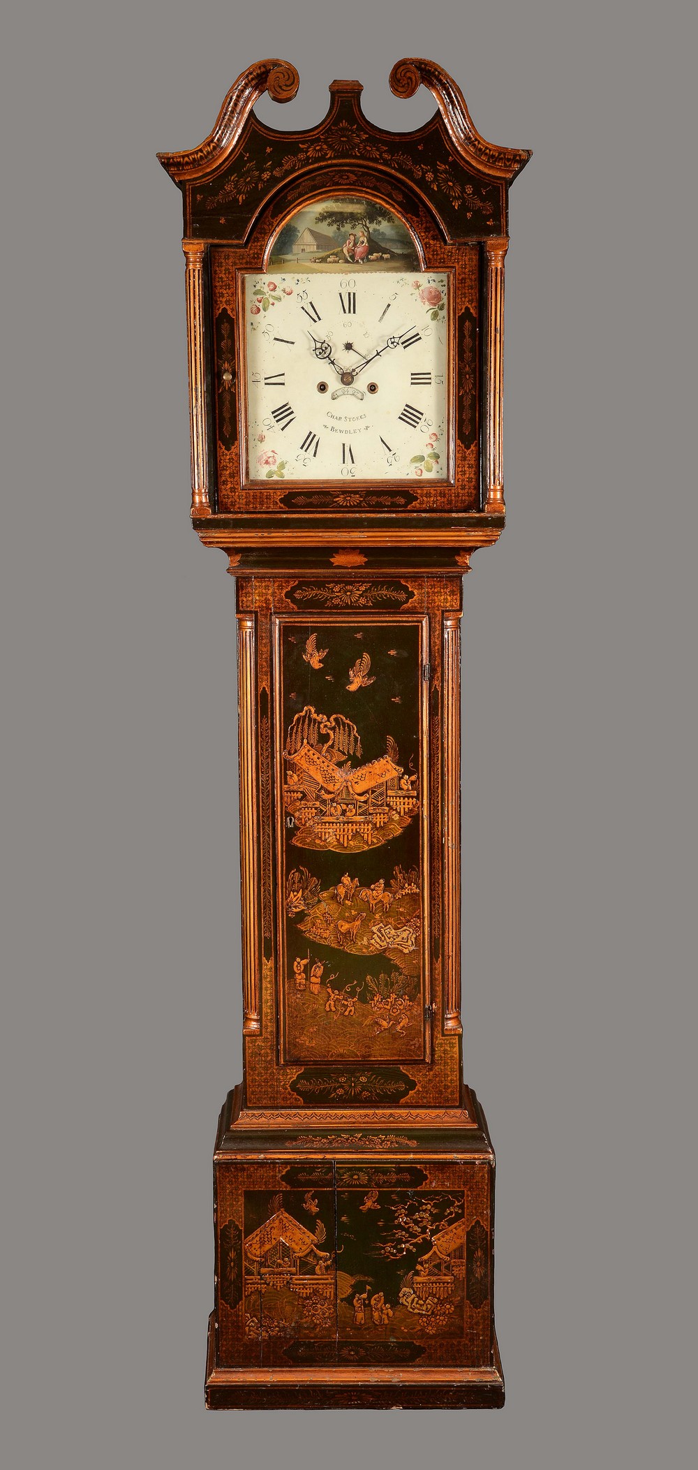 A George III Japanned longcase clock, 32cm arched painted dial inscribed Char.