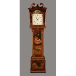 A George III Japanned longcase clock, 32cm arched painted dial inscribed Char.