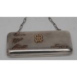 A Finnish gold mounted silver rounded rectangular purse, blue cabochon thumbpiece,