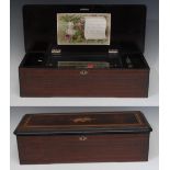 A 19th century Swiss rosewood and marquetry music box, playing eight airs on a one piece comb,