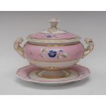 A Flight Barr and Barr Worcester tureen, cover and stand, painted with flowers on a pink ground,