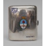 A George V silver and enamel curved rounded rectangular cigarette case,