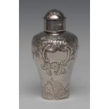 A George II silver baluster tea caddy, chased with birds,