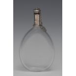 A Victorian silver mounted clear glass tear shaped flask, quite plain,