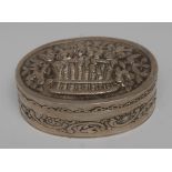 A Dutch silver oval table snuff box, hinged cover embossed with a basket of flowers,