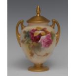 A Royal Worcester two handled pedestal ovoid vase, painted with red and pink cabbage roses,