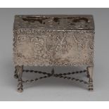 A Dutch silver novelty box, as a drop-leaf table, hinged pierced cover above a deep frieze,