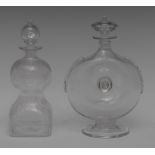 A clear glass Glug-Glug commemorative decanter, engraved with E.R.