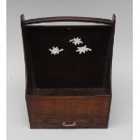 An unusual Chinese padouk wood incense box/waiter, arched carrying handle, pierced gallery,