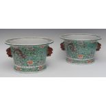 A pair of Chinese Famille Verte tapering cylindrical jardinieres,