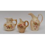 A Royal Worcester ovoid jug, printed and painted with spring flowers on a blush ivory,