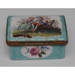 A George III South Staffordshire enamel rectangular box, the cover with shepherdess and musician,