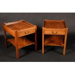 A pair of late 20th century mahogany lamp tables, the top above a single drawer, brass swing handle,