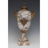 A 19th century ormolu mounted marble ovoid urn, bud finial,