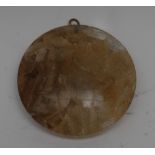A 19th century Derbyshire fluorspar bun shaped paperweight, gilt ring finial,