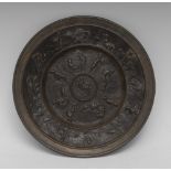 A Victorian bronze circular rosewater dish, cast in the Renaissance manner with signs of the Zodiac,