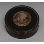 A late 18th century French circular snuff box, push-fitting cover set with a watercolour vignette,